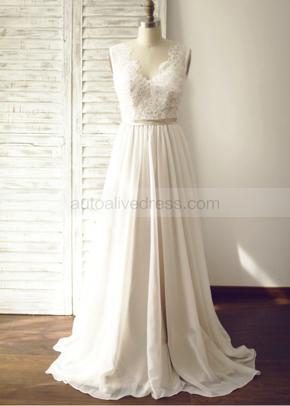 V Neck Eyelash Lace Chiffon Bohemian Wedding Dress